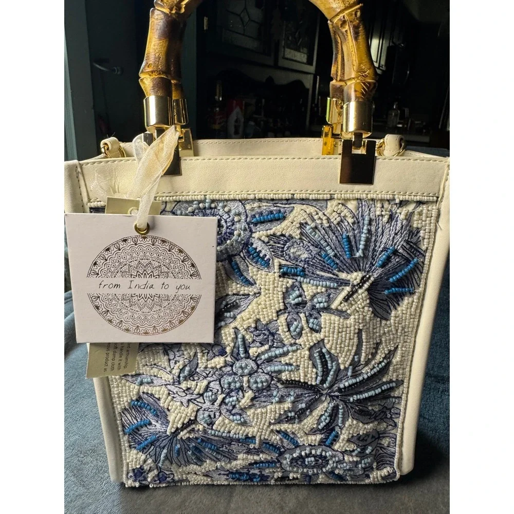 From India to You Beaded Floral Bamboo Handle Tote Bag Blue Cream NEW